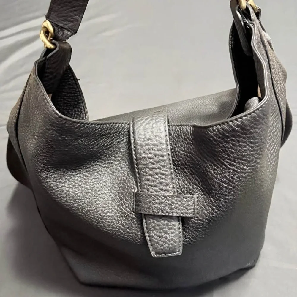 J.Crew Italian Leather Black Pebbled Hobo ShoulderBag SlouchyTote Brass Hardwear